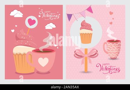 Impostare carte felice il giorno di San Valentino con decorazione Illustrazione Vettoriale