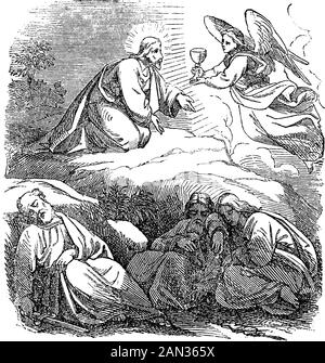 Disegno o incisione d'epoca della storia biblica di Gesù che prega nel Getsemani. Angel dandogli una coppa di sofferenza.Bibbia,nuovo Testamento,Marco 14,Matteo 26. Biblische Geschichte , Germania 1859. Illustrazione Vettoriale