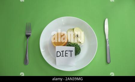 La dieta scritta sulla nota nella piastra con frutta e verdura, sana alimentazione Foto Stock