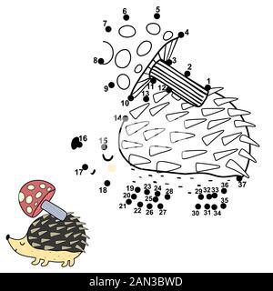 Collegare i punti e disegnare un bel riccio che porta un fungo sul retro Illustrazione Vettoriale