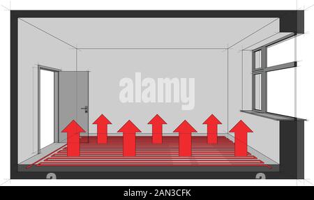 Schema di riscaldamento a pavimento sala riscaldata con la distribuzione del calore Illustrazione Vettoriale