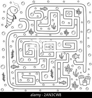 Aiuta il gamberetto a trovare il percorso per la sua casa. Labirinto bianco e nero per bambini Illustrazione Vettoriale