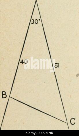 Geometria del piano elementare : induttiva e deduttiva / da Alfred Baker . triangolare sull'altro in modo che i punti correspondingangolari coincidano. Da questa superposizione whatconclusioni disegnare quanto alle zone dei triangoli? Ripetere la stessa costruzione, misurazione, esovrapposizione con due triangoli i cui lati sono 4, 2and 4^ pollici; con due lati Avhose aie 50, 80 and100 millimetri; ecc. 22 uguaglianza Dei Triangoli. 23 il risultato delle nostre osservazioni in questi casi è thatif due triangoli hanno i loro lati uguali, theangles che sono opposti a lati uguali areugual, e le aree sono e.
