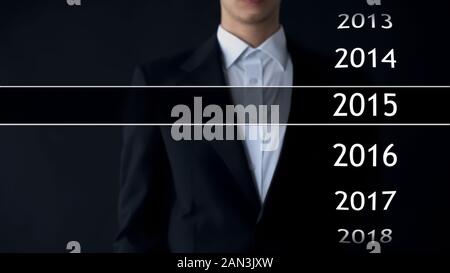Imprenditore seleziona 2015 anno nel menu virtuale, ricerca di dati, business history Foto Stock