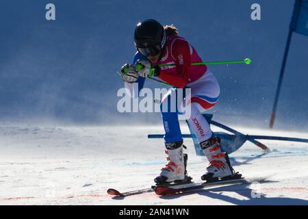 Pyeongchang, Svizzera. 15th Gen 2020. Caitlin McFarlane di Francia corre nell'evento Parallelo di gara di sci a squadre miste durante i Giochi Olimpici invernali della Gioventù 2020. La manifestazione si è svolta presso il Centro Alpino Les Diablerets di Les Diablerets in Svizzera. Credit: Christopher Levy/Zuma Wire/Alamy Live News Foto Stock