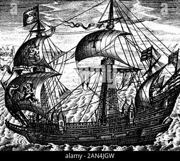 L'Ark Royal (1587), di Claes Janszoon Visscher (Claes Jansz Visscher), (1587-1652) Il galeon 'Ark Raleigh' fu costruito a Deptford per Sir Walter Raleigh nel 1587. L'anno seguente fu commissionata alla Royal Navy e ribattezzata "Ark Royal". Nel 1588 fu ammiraglia del Signore Ammiraglio contro l'Armada spagnola. Il vaso era lungo 100 piedi sulla chiglia, aveva un fascio di 37 piedi e trasportava 44 cannoni. Foto Stock