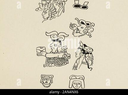 Messico e America Centrale antichità, i sistemi di calendario e di storia; . Copricapo dal di CODICES E MONUMENTI SCHELLHAS] copricapo 619 iarity dei quattro Maya di codices.^ ci sono altrimenti, tuttavia,somiglianza nella forma di capelli-dressing tra il manu-script e le figure nella raccolta. In tal modo il lieaddress dal manoscritto theDresden a pagina 19 di cui sopra viene ripetuta esattamente in afigure della collezione /, vista frontale; ^, vista laterale. Un copricapo molto comune nel manoscritto di Dresda è mostrato inZ, pagina 27, e m, pagina 28, b^bassa. Confrontare anche g e A, figura 120,h e (?, Foto Stock