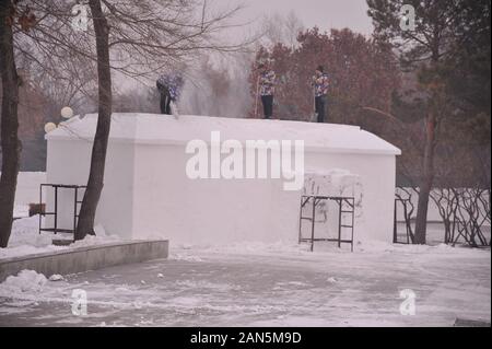 Bulini rendere enorme scultura di neve per la imminente Harbin International Ice e Snow Festival a Sun Island, Harbin city, a nord-est della Cina di Heilong Foto Stock