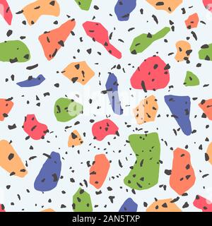 Terrazzo pietre montley seamless pattern con rocce colorate frazioni illustrazione vettoriale. Lo stile naturale minerale testurizzato bacdrop composizione. Natural Illustrazione Vettoriale