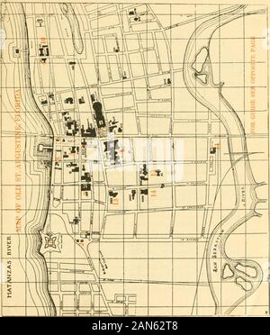 Scheda post guida e la storia della vecchia Sant Agostino . AUGUSTCNEFLORIDA 1. FORT MARION (precedentemente noto come San Marco)-costruito di coquina. Finito di 1756. 2. Le porte della città-costruito circa 1620. Tutto ciò che è a sinistra di mura antiche della città. 3. Cattedrale-spagnolo costruito nel 1791. Bruciò 1887. Vecchie mura rimangono. 4. Vecchia casa-Corner marini e San Francesco strade. 5. PONCE DE LEON - Finest tourist hotel nel mondo. 6. PLAZA - mercato di schiavi a est. 7. ALCAZAR •- Casino e piscina in estremità sud. 8. Tesoro STREET- strada più stretta. 9. CITY BUILDING - Angolo di San Giorgio e Hypolita strade. 10. Caserma - Arsenale di stato. 11. DEPOT Foto Stock