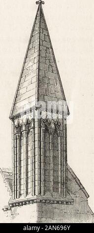 Un'introduzione allo studio di architettura gotica . N.mdella (57), aspetto resemblingin quelli che troviamo in alcune parti del nor-mandy dello stesso periodo vi eseguiti in pietra, onaccount dell'abbondanza di materiale, il facilitywith che è lavorato, e l'abilità degli operai. Quando le torri non sono collocati al di sopra del centro della chiesa, ma al west end, è notevole chela successiva Norman towersare più massiccio e non solofty come i primi alreadydescribed. Essi sono com-paratively bassa e pesante,a volte diminuendo bystages, e avente buttressesof poco risalto o Foto Stock