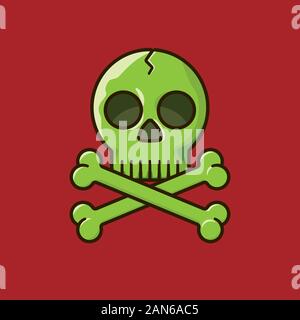 Green Teschio e Ossa incrociate su sfondo rosso illustrazione vettoriale Illustrazione Vettoriale