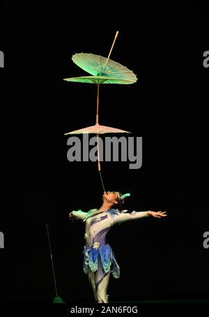 (200116) -- Istanbul, gen. 16, 2020 (Xinhua) -- Un acrobat esegue in Istanbul, Turchia, Gennaio 15, 2020. Un Cinese di danza e musica show celebra il prossimo anno nuovo cinese acquisita grand applausi dal pubblico in Istanbul il mercoledì. Le prestazioni, di nome 'Magical Silk Road e la magnifica Longyuan", sono state eseguite con la Cina del Gansu Opera provinciale e provincia di Gansu Troupe acrobatica presso un centro culturale nel quartiere Atasehir. Il programma in primo piano una miscela di cinese tradizionale danza e musica, introduzione del paese sia antica eredità culturale e la cultura moderna in 1 Foto Stock