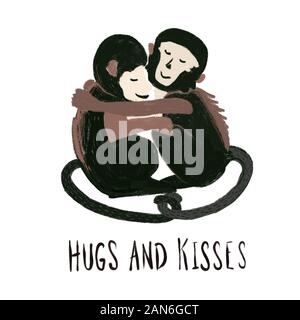 Le scimmie che abbraccia ogni altro. Amore modello animale. Scimmia cappuccino. Baci e abbracci citazione. Disegnato a mano illustrazione di scimmia per San Valentino, T-Shirts Foto Stock