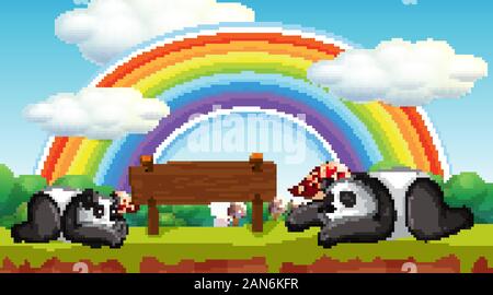 In scena con due pandas e cartello in legno illustrazione Illustrazione Vettoriale