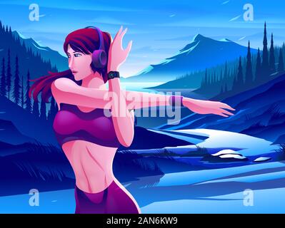 Una illustrazione vettoriale di una femmina di runner è stretching prima del suo esercizio mattutino o fare jogging circondato da uno splendido scenario di montagne e lago. Illustrazione Vettoriale