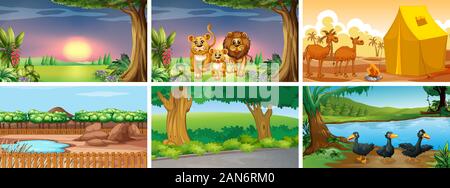 Set di diverse scene con animali illustrazione Illustrazione Vettoriale
