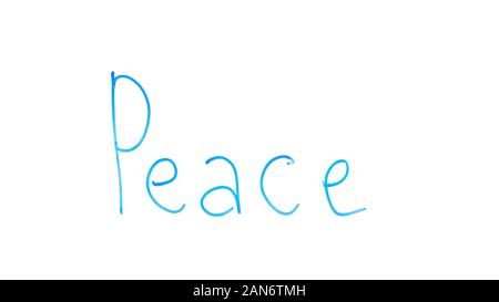 La pace parola scritta su vetro, la fine delle guerre mondiali, povertà e problemi di umanità Foto Stock