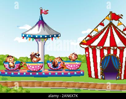 In scena con le scimmie sul circus ride e tenda nel parco illustrazione Illustrazione Vettoriale