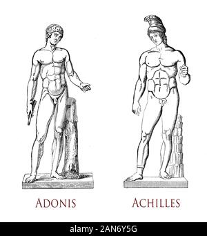 Greco bellezza maschile: la muscolatura e la grazia della forma maschile come nelle statue classiche di Adone amante mortale della dea Afrodite e Achille eroe della guerra di Troia Foto Stock