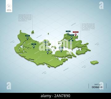 Mappa stilizzata della Danimarca. Isometrica, 3D green mappa le città, le frontiere, capitale Copenhagen, regioni. Illustrazione Vettoriale. Livelli modificabili chiaramente labele Illustrazione Vettoriale