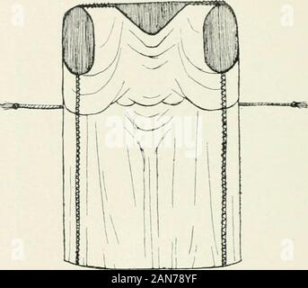 Histoire du costume antico d'après des études sur le modèle vivant . Fig. 42. - L-UN TUNIQUE LONGUE AVEC RliPLI. Daprès onu peint vaso. 82 Histoire du COSTUMK ANTIQUE COUSU sur les épaules, sauf au milieu, où lon ménageaitune grande ouverture, avec tout le jeu nécessaire, pardevant, pour le passage de la Tête. Quant aux bras, ilétait beaucoup plus commode de les faire sortir, nonpar le haut, mais directement des deux côtés, par deux. Fig. 43. - La tunique en deux pièces.Dessin schématique. ouvertures plus petites, réservées aux dépens des cou-tures latérales. Le khiton, ainsi façonné, pouvait ê Foto Stock