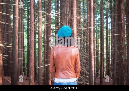 Donna che indossa una giacca di pelle marrone e verde piana-round hat guardando la foresta di alberi Foto Stock