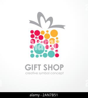 Logo design per regali. Confezione regalo simbolo realizzato da cerchi colorati. Icona del vettore. Illustrazione Vettoriale