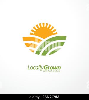 Coltivati localmente fattoria fresco prodotto semplice logo design idea con i campi agricoli e forma di sun. Logo vettoriale simbolo per industria agricola business. Illustrazione Vettoriale