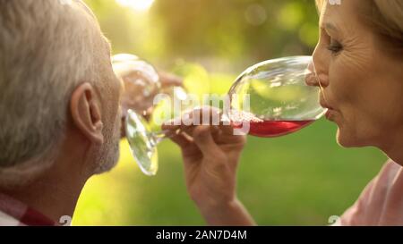 Felice vecchio paio che festeggiano l anniversario e bere vino sulla data all'aperto, amore Foto Stock