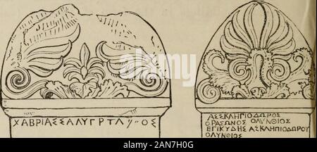 Manuale di archeologia, egiziano - greco - etrusco-romano . *ABPlA&LT;*AAYr Pta/"o^ KOM0 OPAXANOJ OAVN.0IO* EriKr&Hi MKAHniOAnPorOAYNeiOJ L ElITHEMATA. le tombe rupestri assumono la forma dei templi. L'Arpia tomba,precedentemente nell'acropoli di Xanthus, ora al British Museum,offre esempi di scultura arcaica, data la sua essendo probabilmente notlater a 500 A.C.; le sculture decorate i quattro lati del arectangular albero solido, circa 17 piedi alto e sostenuto un roofinclosing una camera 7 piedi 6 pollici square; le sculture aresupposed per rappresentare il mito di Pandarus, le cui figlie w Foto Stock