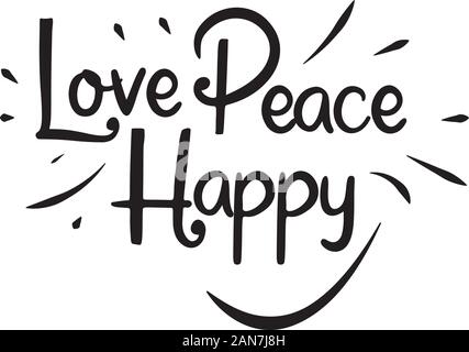 Pace e Amore parole con cuore simbolo di pace, caratteri tipografici poster. Illustrazione Vettoriale