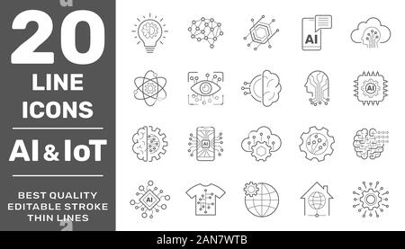 La macchina di apprendimento e ai line icone. Set di intelligenza artificiale, IoT, sistema automatizzato, big analisi dei dati e di più. Corsa modificabile. EPS 10 Illustrazione Vettoriale