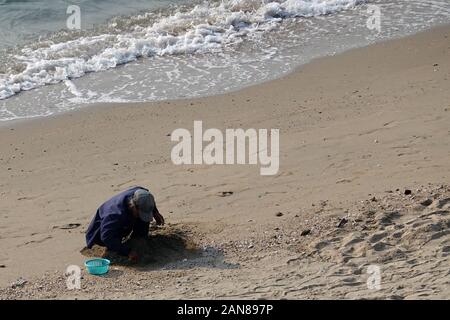 Pattaya, Thailandia - 23 dicembre 2019: Donna anziana seduta sulla spiaggia e cercando di trovare vongole. Foto Stock