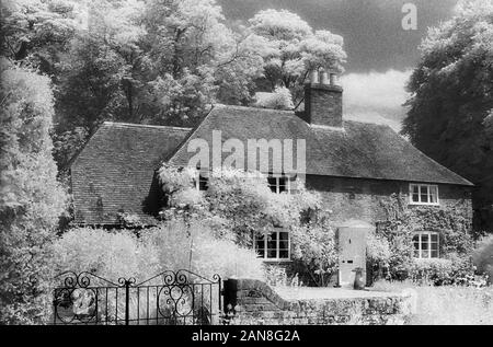 Grazioso cottage, Park Lane, Superiore Swanmore, Hampshire, Inghilterra, Regno Unito. In bianco e nero a raggi infrarossi filmstock, con la sua caratteristica prominente struttura della grana, ad alto contrasto e incandescente fogliame lucido. Foto Stock