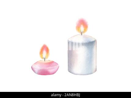 Acquerello set di candele accese. Rosa e bianco colori. Spa e prodotti cosmetici isolati su sfondo bianco. Illustrazione realistica per la bellezza Foto Stock