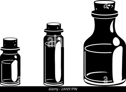 Glifo tre fiale icona. Olio massaggio di bellezza spa salone. Fragranza essenziale aromaterapia silhouette nera. Profumo di benessere. Medical ayurveda vettore isolato pittogramma. Illustrazione Vettoriale