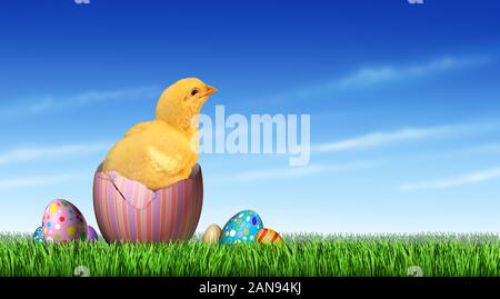 Pulcino di pasqua caccia all'uovo e felice vacanza di primavera celebrazione con uova decorate su erba come un simpatico hatchling emergente da un dipinto di uovo. Foto Stock
