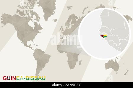Zoom sulla Mappa di Guinea Bissau e bandiera. Mappa del mondo. Illustrazione Vettoriale