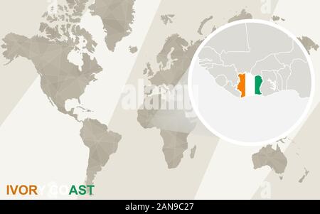 Zoom sulla Costa d Avorio mappa e bandiera. Mappa del mondo. Illustrazione Vettoriale