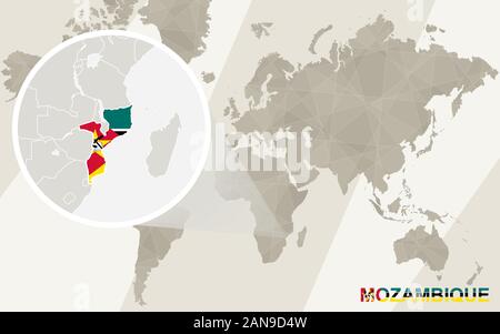 Zoom sulla Mappa di Mozambico e bandiera. Mappa del mondo. Illustrazione Vettoriale