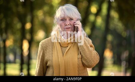 Triste senior lady parlando al telefono mobile nel parco, solitario, non la famiglia e gli amici Foto Stock