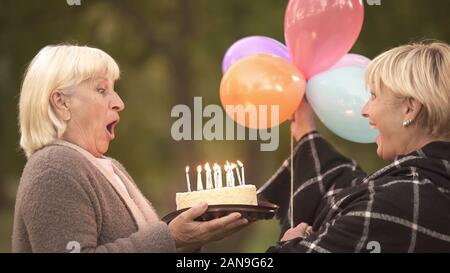 Donna matura andando a soffiare le candeline sulla torta di compleanno dal miglior amico Foto Stock