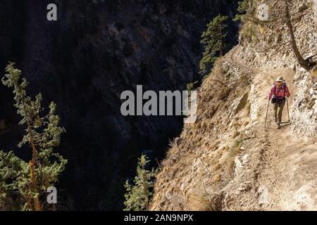 Trekking femminile su un sentiero precipitoso sul Sentiero Inferiore del Dampo in Nepal Himalaya Foto Stock