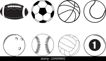 Set di silhouette sport balls icona raccolta su sfondo bianco Illustrazione Vettoriale