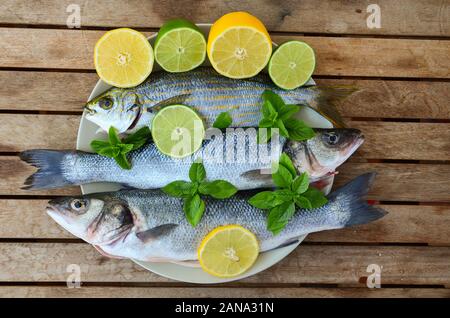 Freschi di spigola e salpe porgy con limone, calce, basilico e menta verde in porcellana bianca piastra, sul vecchio tavolo in legno, vista dall'alto Foto Stock