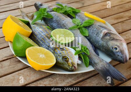 Freschi di spigola e salpe porgy con limone, calce, basilico e menta verde in porcellana bianca piastra, sul vecchio tavolo in legno, vista laterale Foto Stock