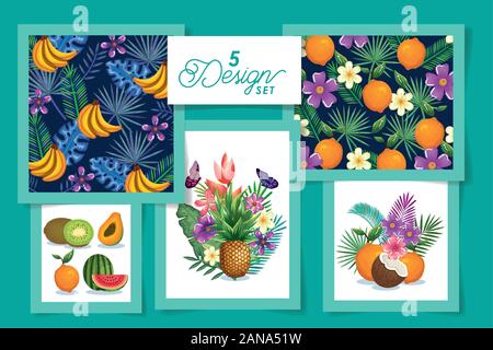 Cinque disegni di frutta con fiori e foglie tropicali Illustrazione Vettoriale