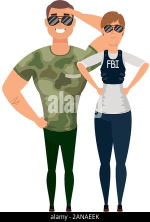 Giovane uomo militare con donna FBI agent Illustrazione Vettoriale