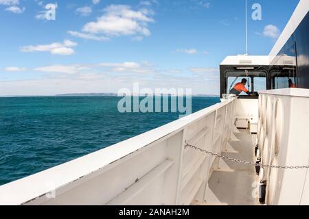 Kangaroo Island, Australia - 2 Gennaio 2009: Capitano in cabina conduce il traghetto per Kangaroo Island. Foto Stock